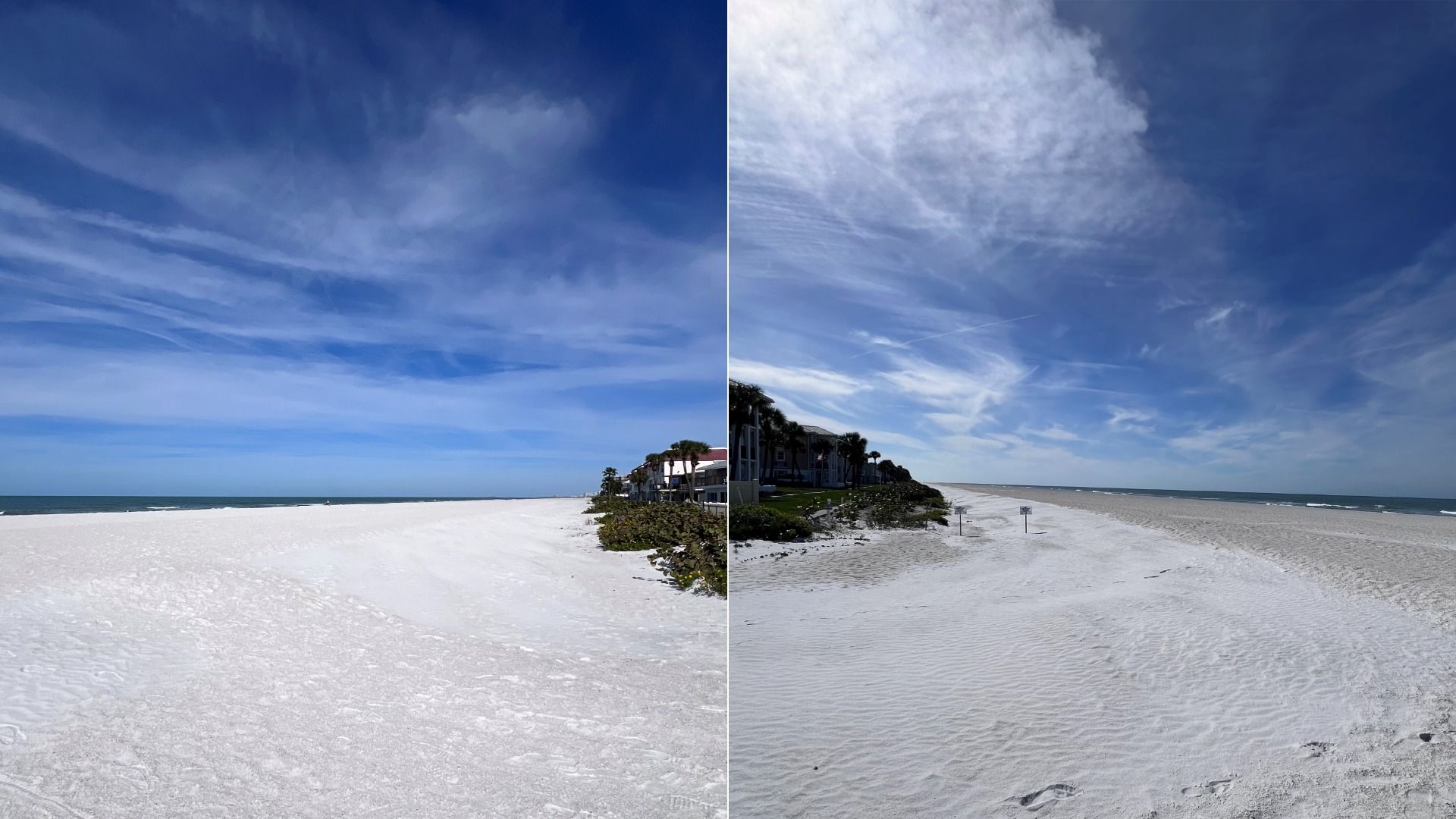 Side-by-side photos of a white sandy beach with blue ocean and sky. Palm trees and buildings line the beach on the right side under partially cloudy skies.