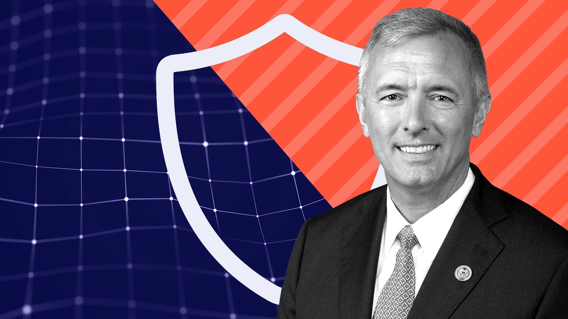 Photo illustration of Rep. John Katko with a shield and abstract background imagery.
