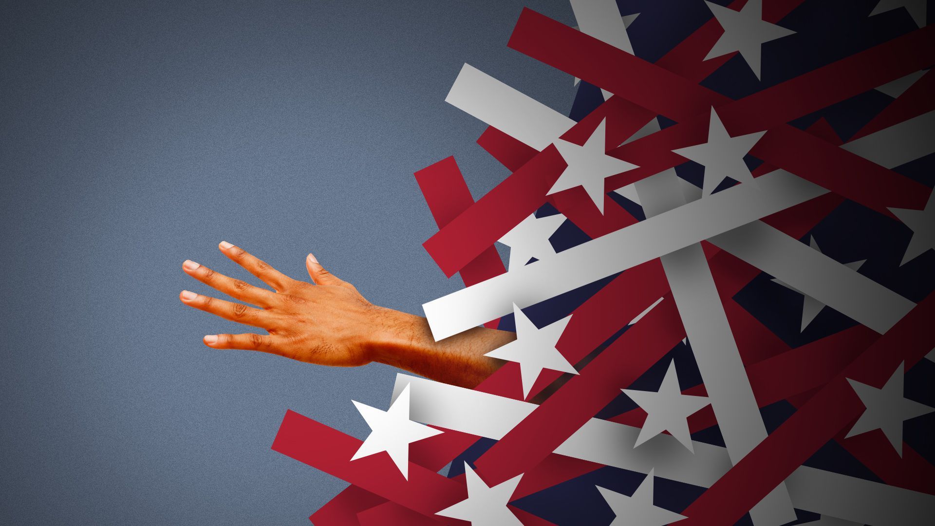 A hand reaching out of a jumble of american-colored stripes and stars