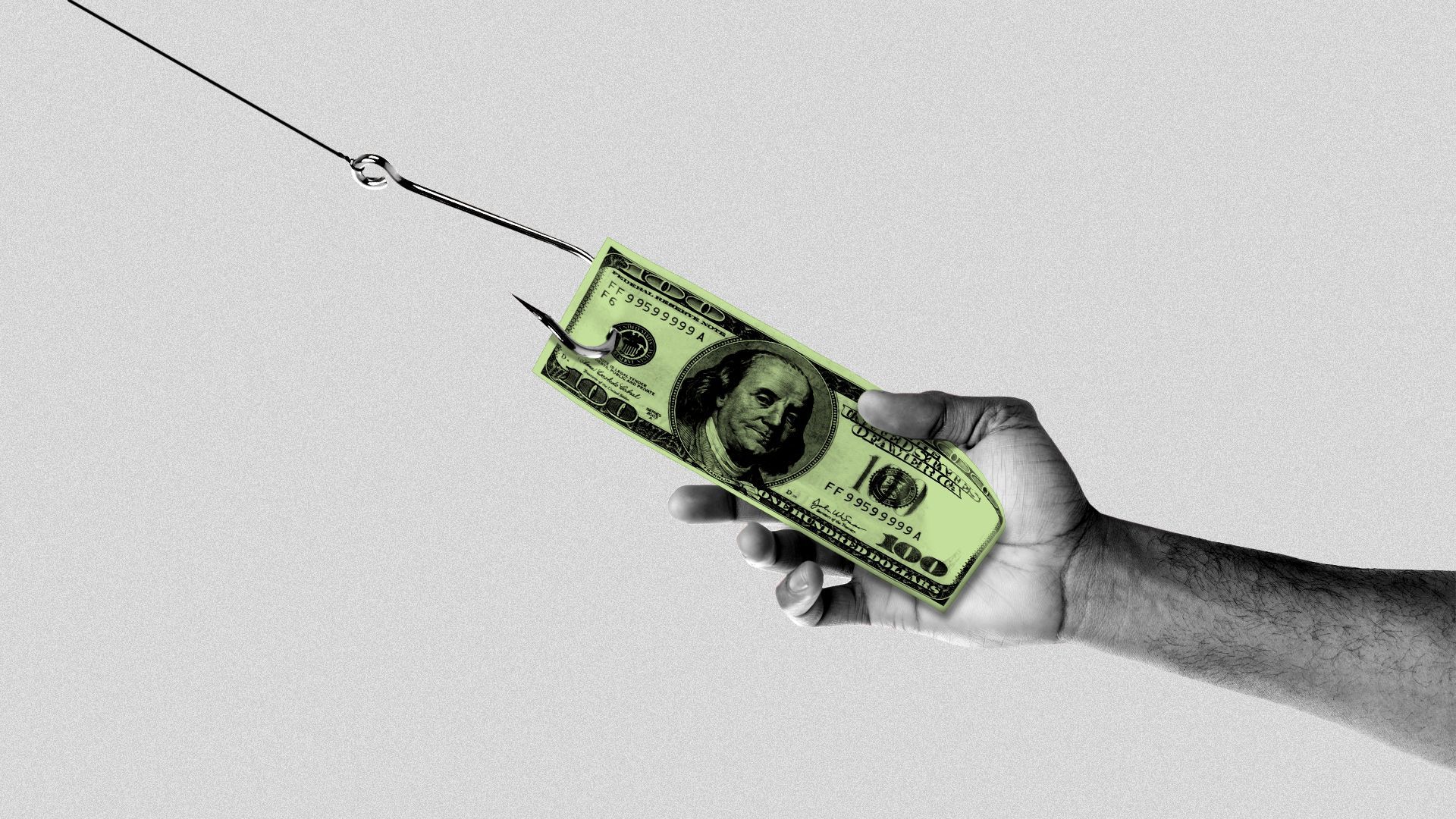 Illustration of a hundred dollar bill on a fish hook being pulled away from an open hand.