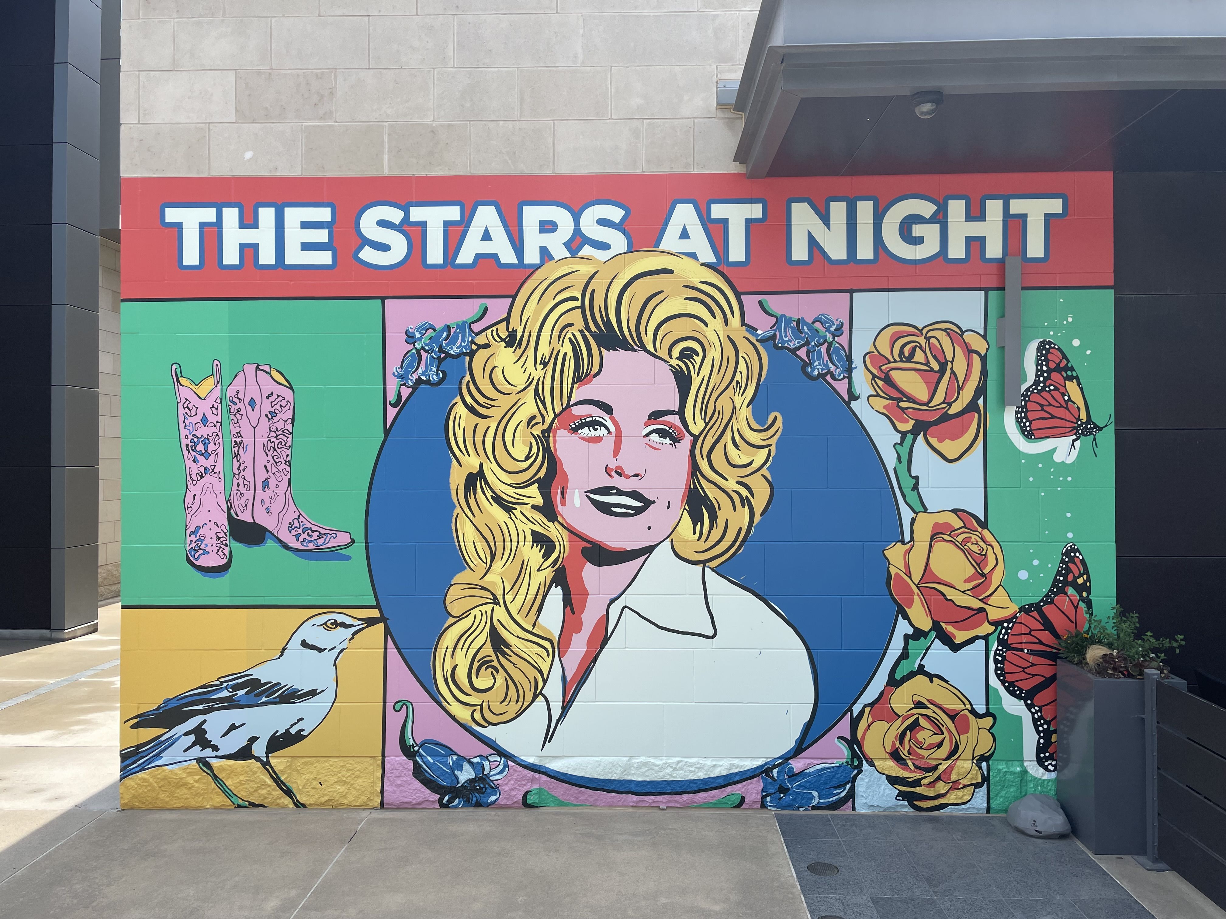A mural of Dolly Parton and some roses and some butterflies and a pair of pink boots