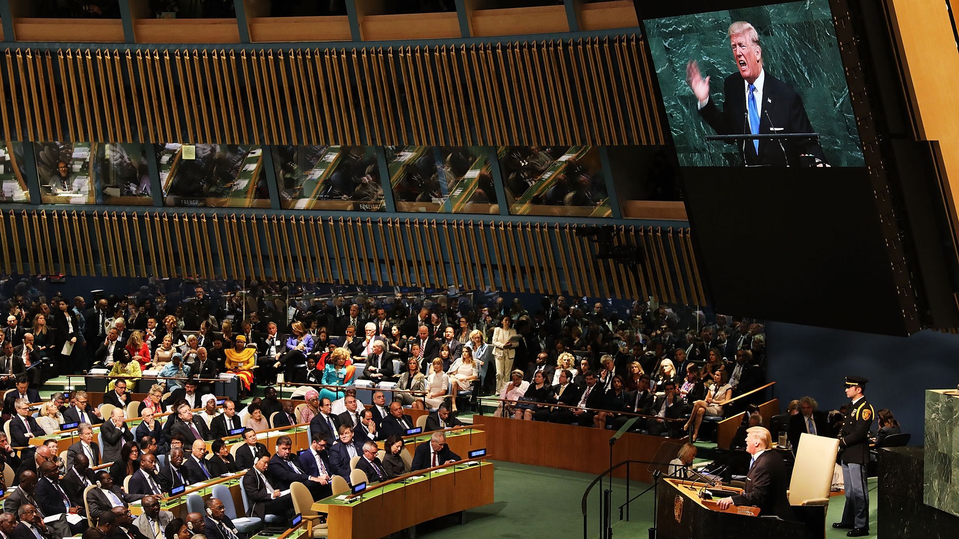 President Donald Trump speaks to world leaders at the 72nd United Nations (UN) General Assembly at UN headquarters in New York on September 19, 2017 in New York City.