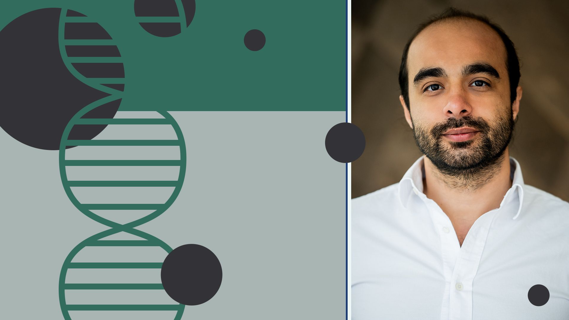 Photo illustration of Oguzhan Atay next to abstract circles and a DNA strand. 