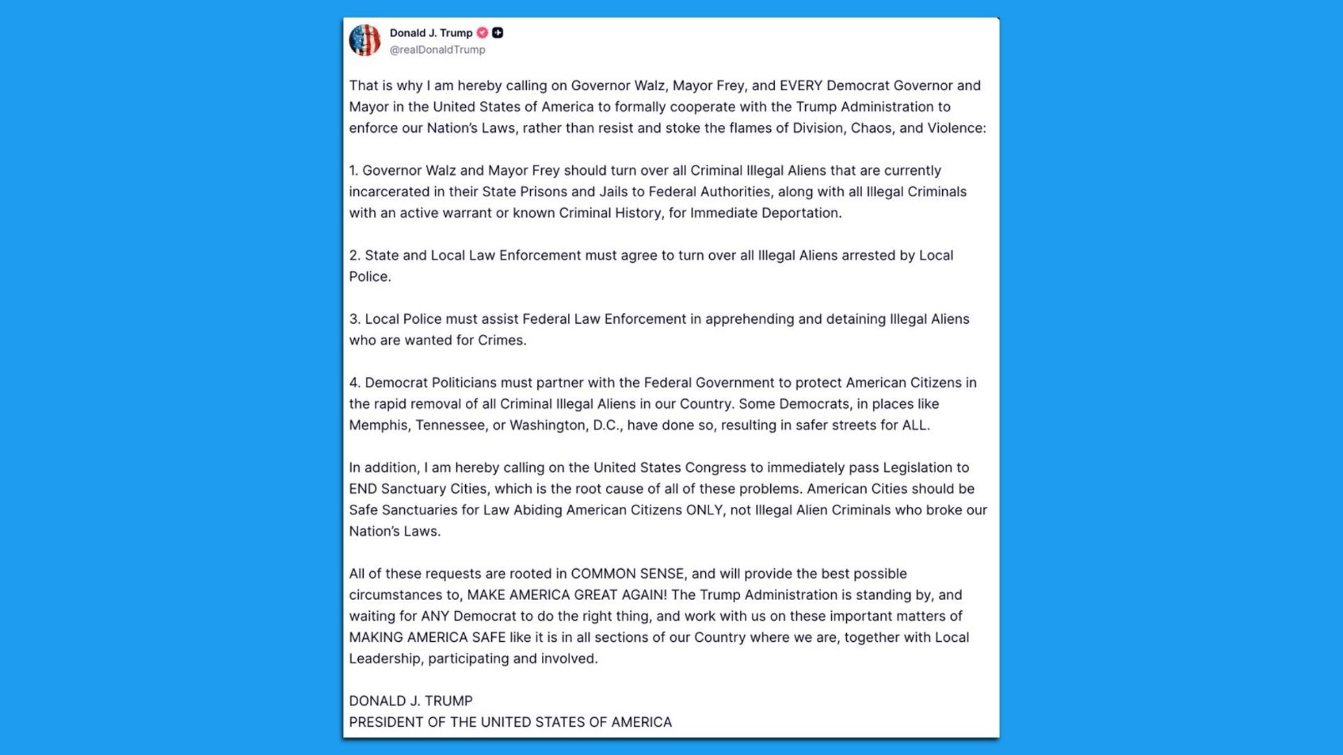 Screenshot of a tweet by Donald J. Trump calling on Democratic leaders to cooperate with federal authorities on deporting illegal immigrants, ending sanctuary cities, and enforcing laws to ensure safety.