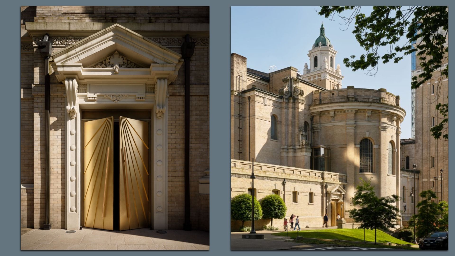 Side by side photos of the St. James Cathedral portico and the church. 
