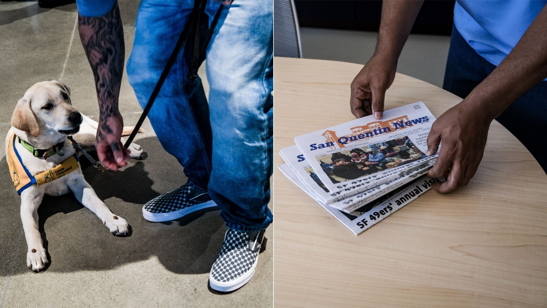 Split image: left shows a light dog in a yellow Canine Companions vest on a leash beside a tattooed person in blue jeans and checkered shoes; right shows a person stacking copies of "San Quentin News" on a wooden table.