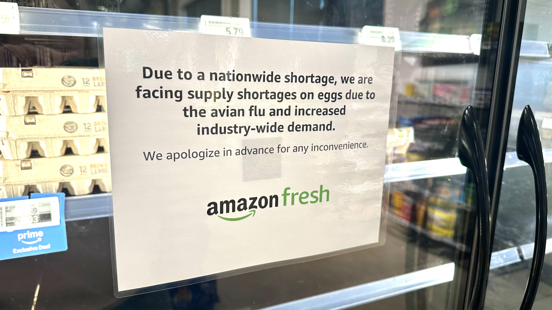 A sign on a refrigerator containing eggs says, "Due to a nationwide shortage, we are facing supply shortages on eggs due to the avian flu and increased industry-wide demand. We apologize in advance for any inconvenience." Amazon Fresh.