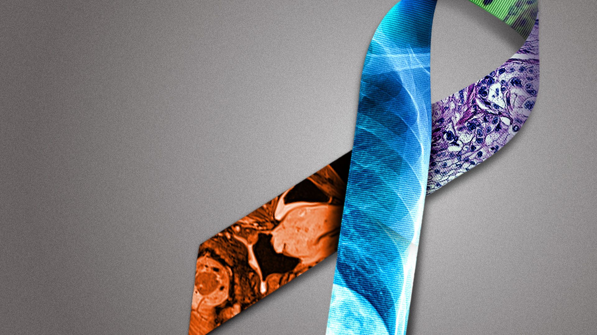 Illustration of a cause ribbon with medical imagery overlaid