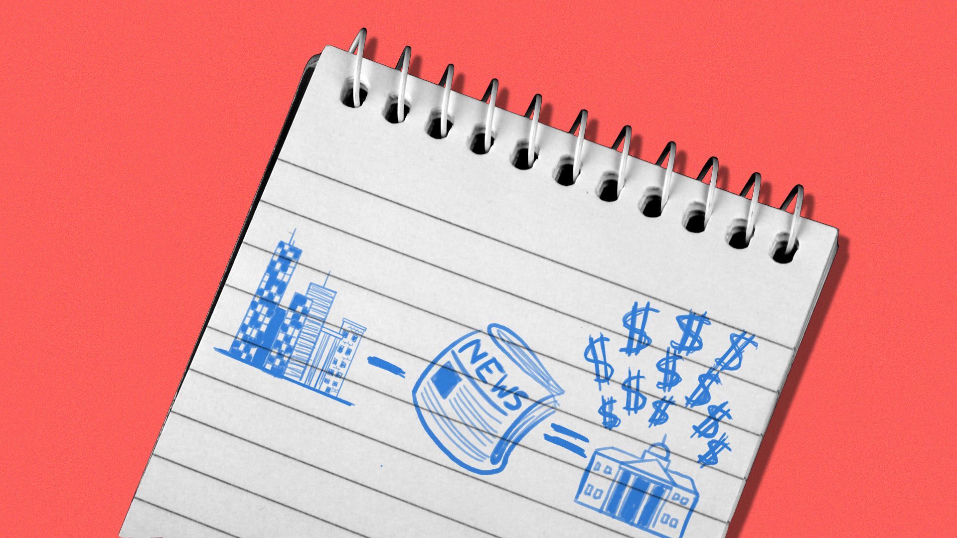 Illustration of a reporter's notebook with a scribbled equation, with a newspaper subtracted from a city equaling more government spending.