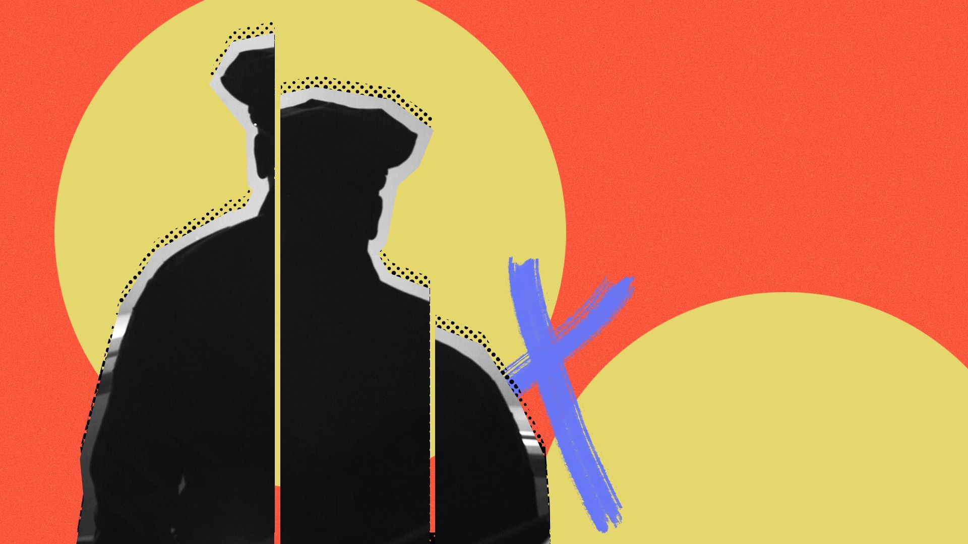 Illustration of a police officer's silhouette cut vertically in thirds and descending in height to mimic a downward trending bar chart