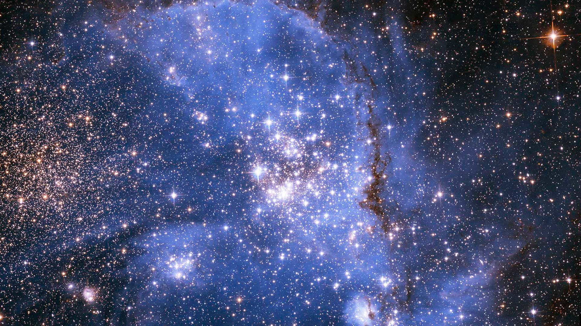 Stars shining in blue in a star cluster