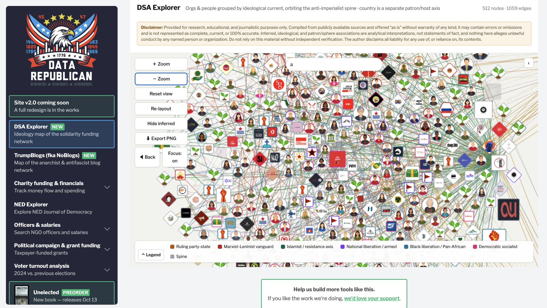 DSA Explorer interface: densely packed map of avatars linked by multicolored lines; left tool panel (+ Zoom, - Zoom, Reset view); search box with a; beige disclaimer; bottom legend of ideologies.