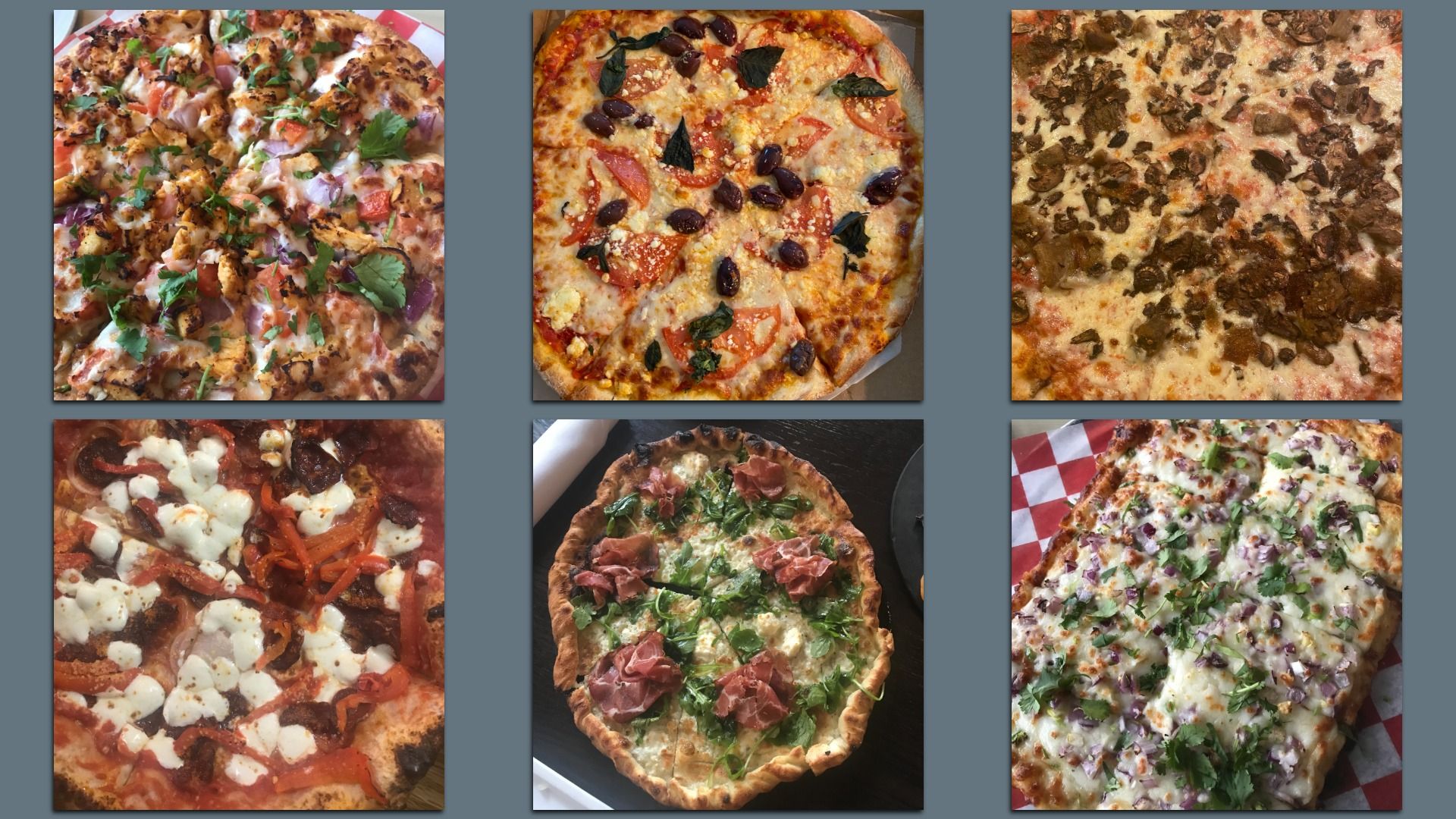 Nine pizzas arranged in a 3×3 grid, each with different toppings: chicken with cilantro; olives, tomatoes and basil; pepperoni; prosciutto; arugula; red peppers; mushrooms; onions.