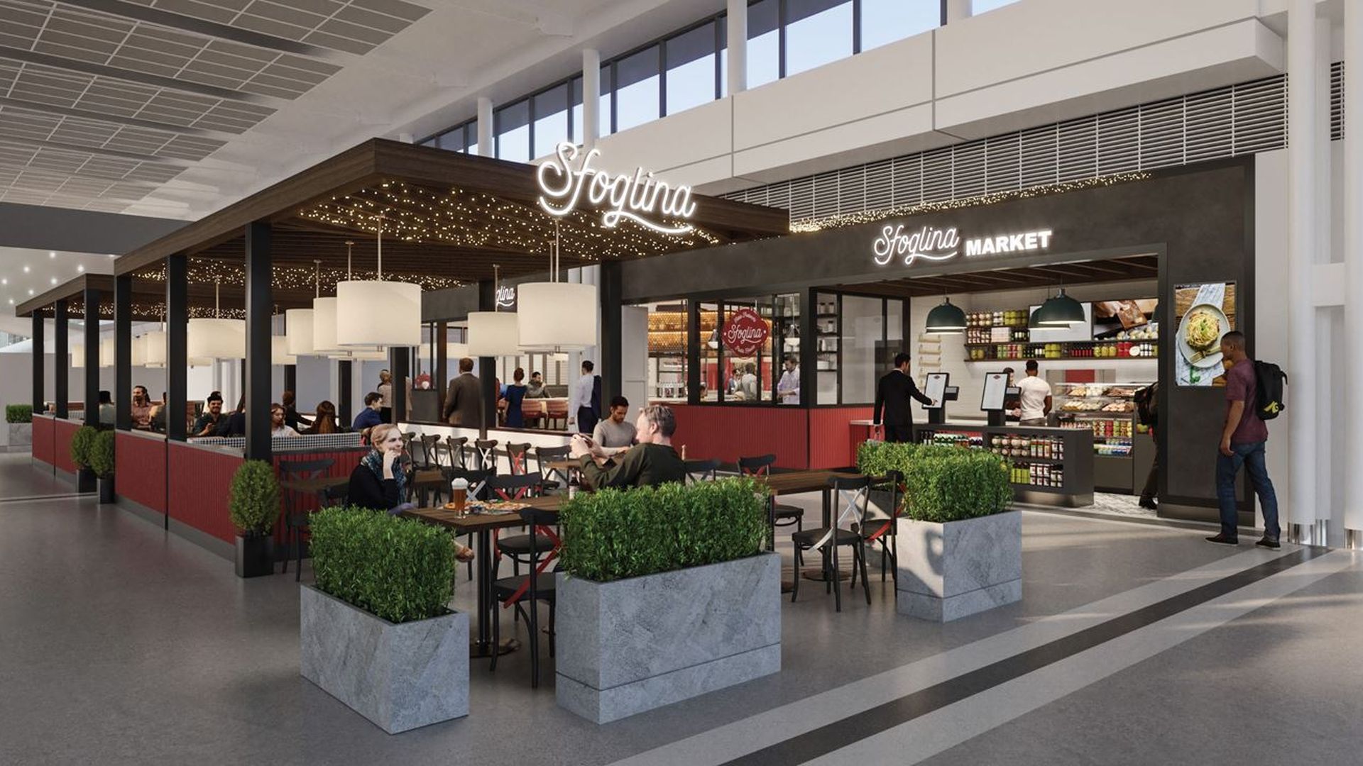 A rendering showing Sfoglina restaurant inside Dulles Airport
