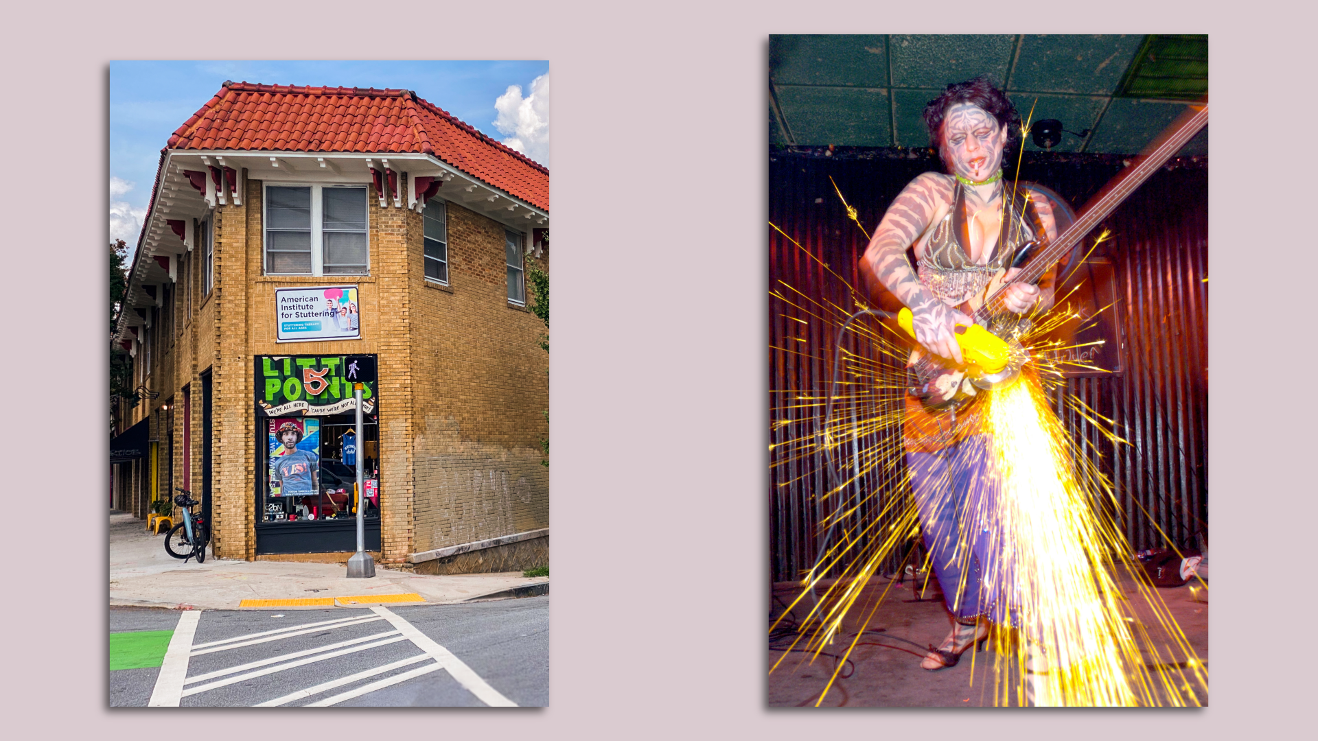 A photo of a brick building with terra cotta roof tiles and a sign that says "Little Five Points" and a photo of tattooed woman using an angle grinder to make sparks on a guitar