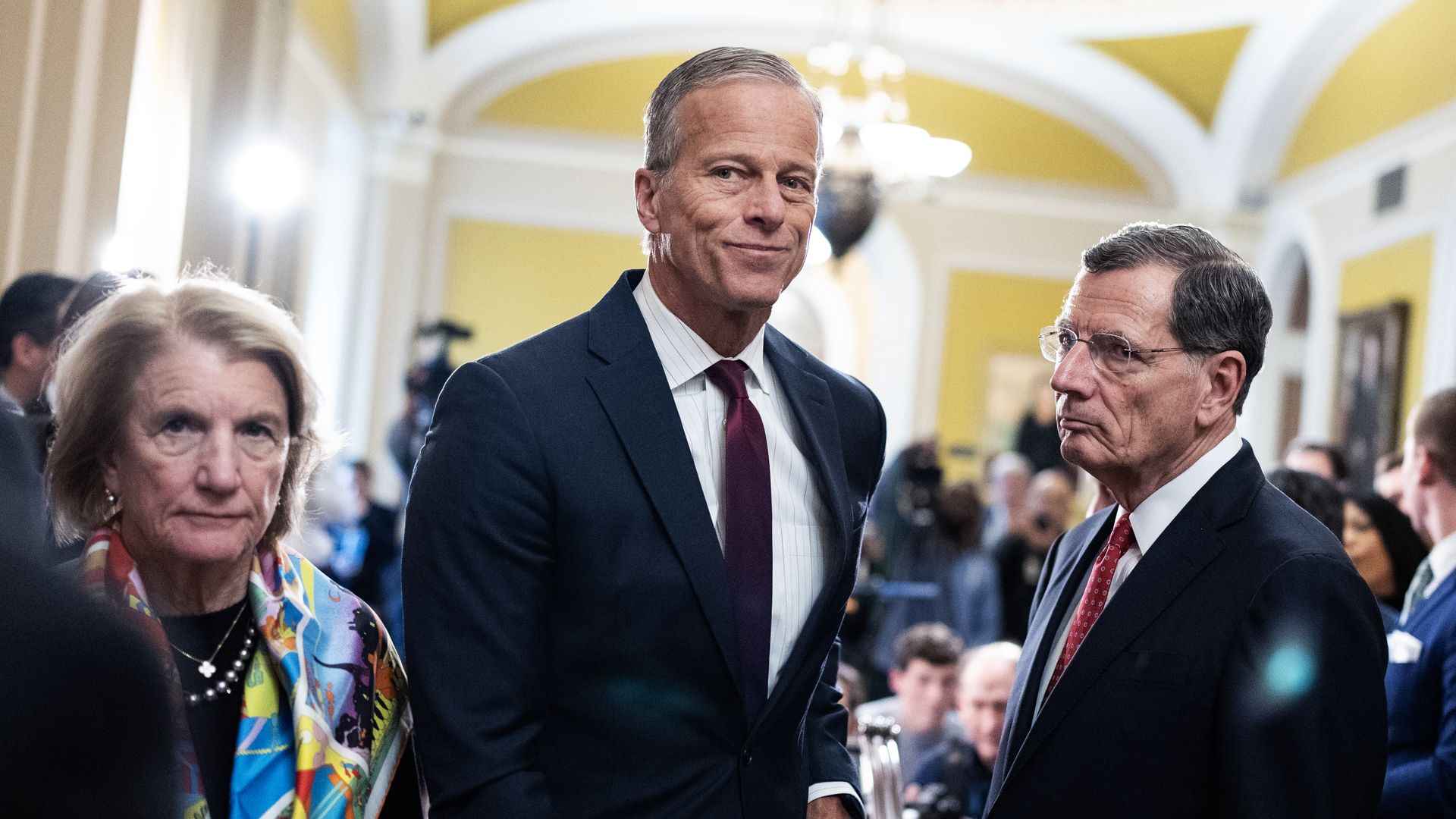 Senate Majority Leader John Thune, R-S.D., center, Sens. John Barrasso, R-Wyo., and Shelley Moore Capito, R-W.Va., conclude a news conference the senate luncheons