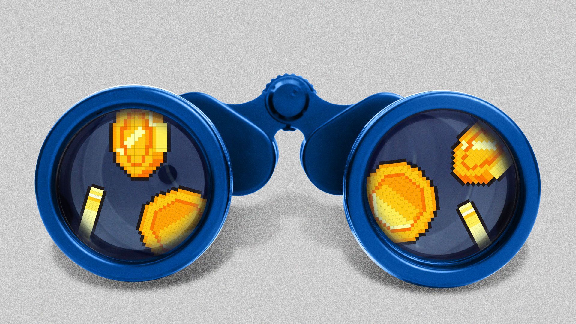 Illustration of a pair of binoculars viewing falling 8-bit coins