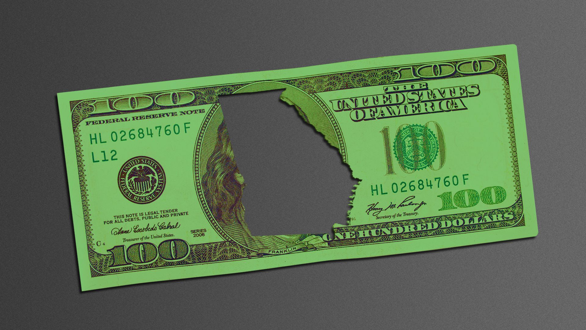 Illustration of a hundred dollar bill with a Georgia-shaped hole punched out of the center. 