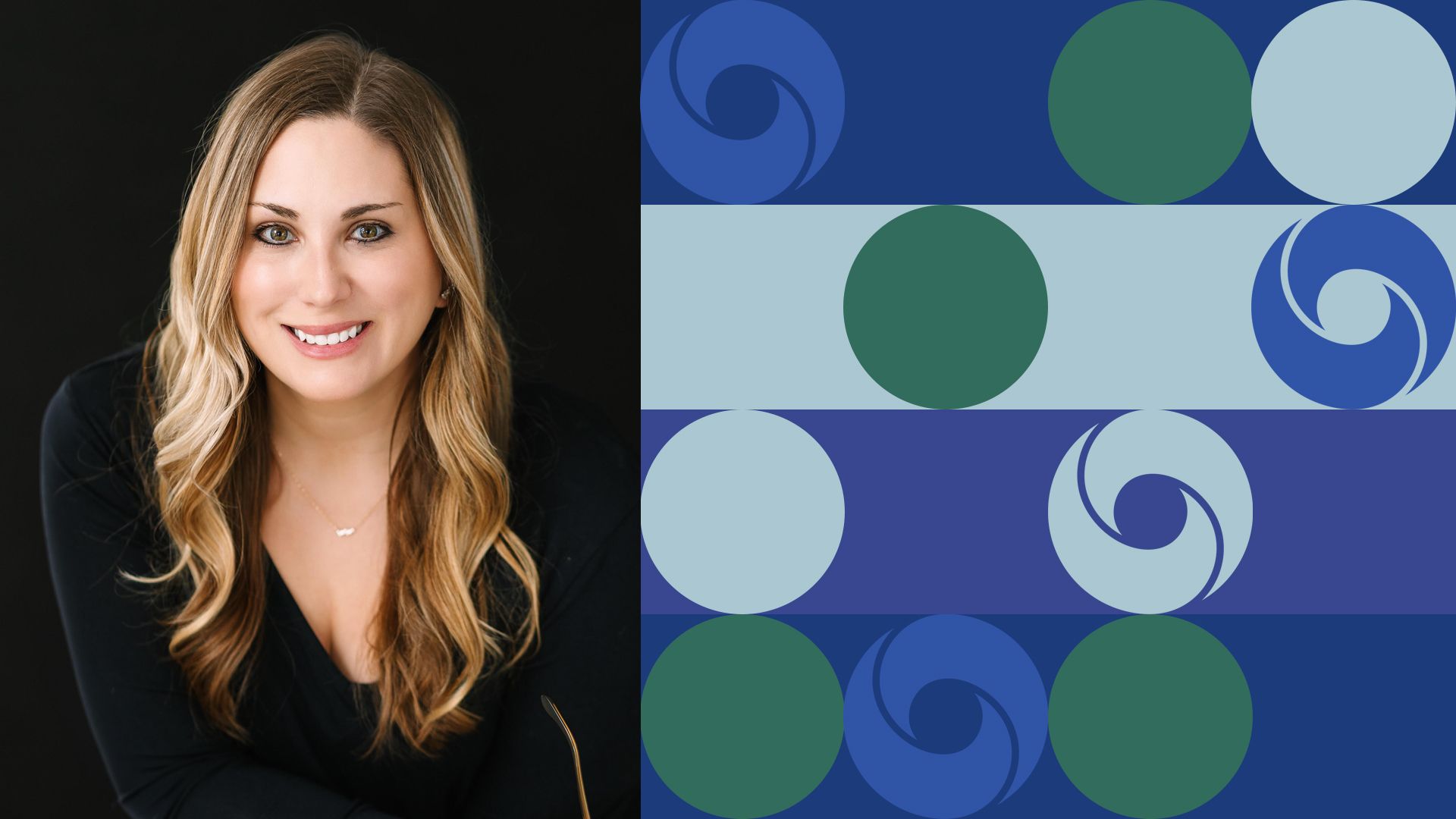 Photo of Amanda Carl surrounded by abstract shapes at the Google DeepMind logo.