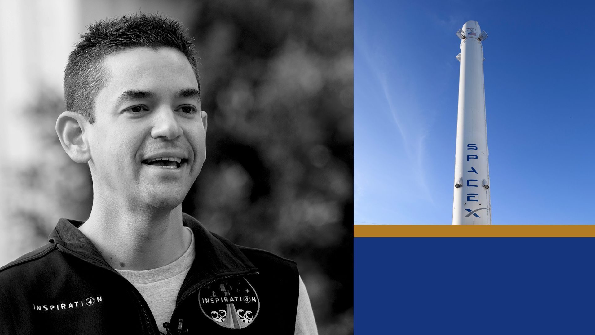 Photo illustration of Jared Isaacman and a SpaceX Falcon 9 rocket
