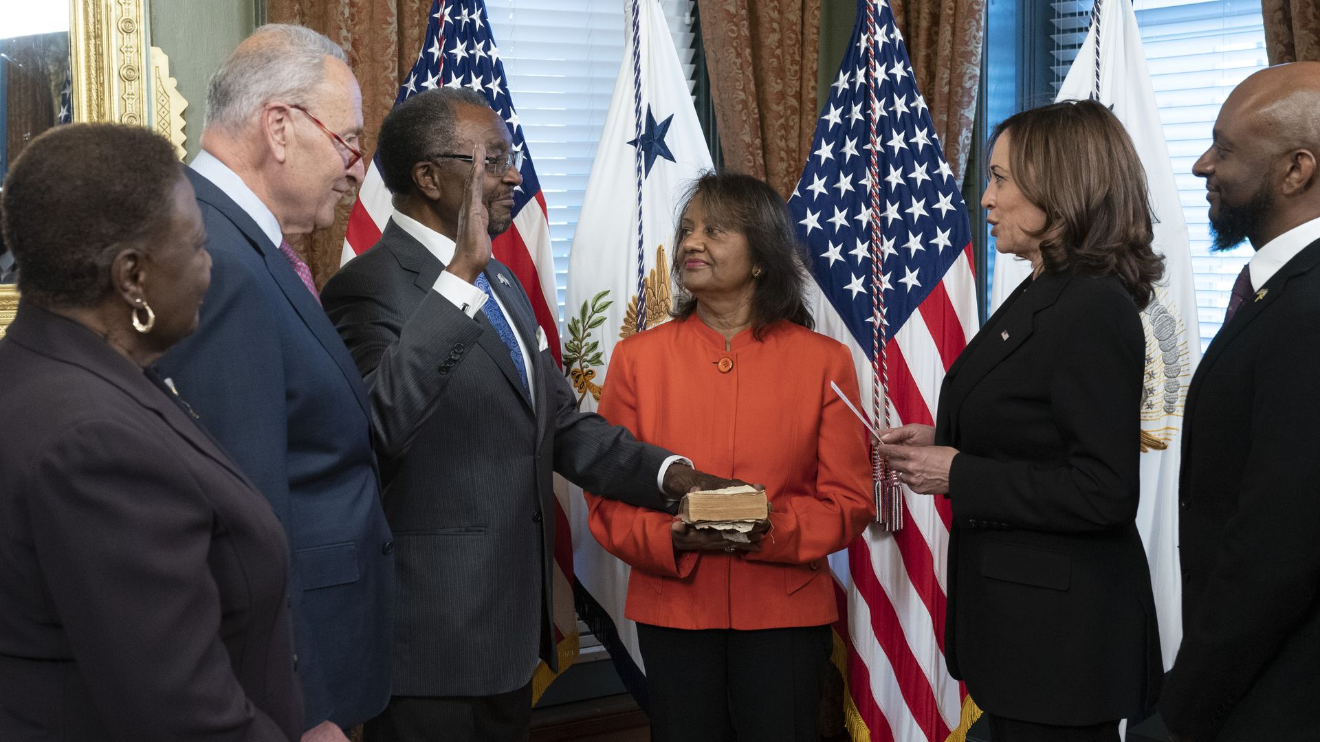 Vice President Kamala Harris is seen swearing in the new U.S. ambassador to Jamaica.