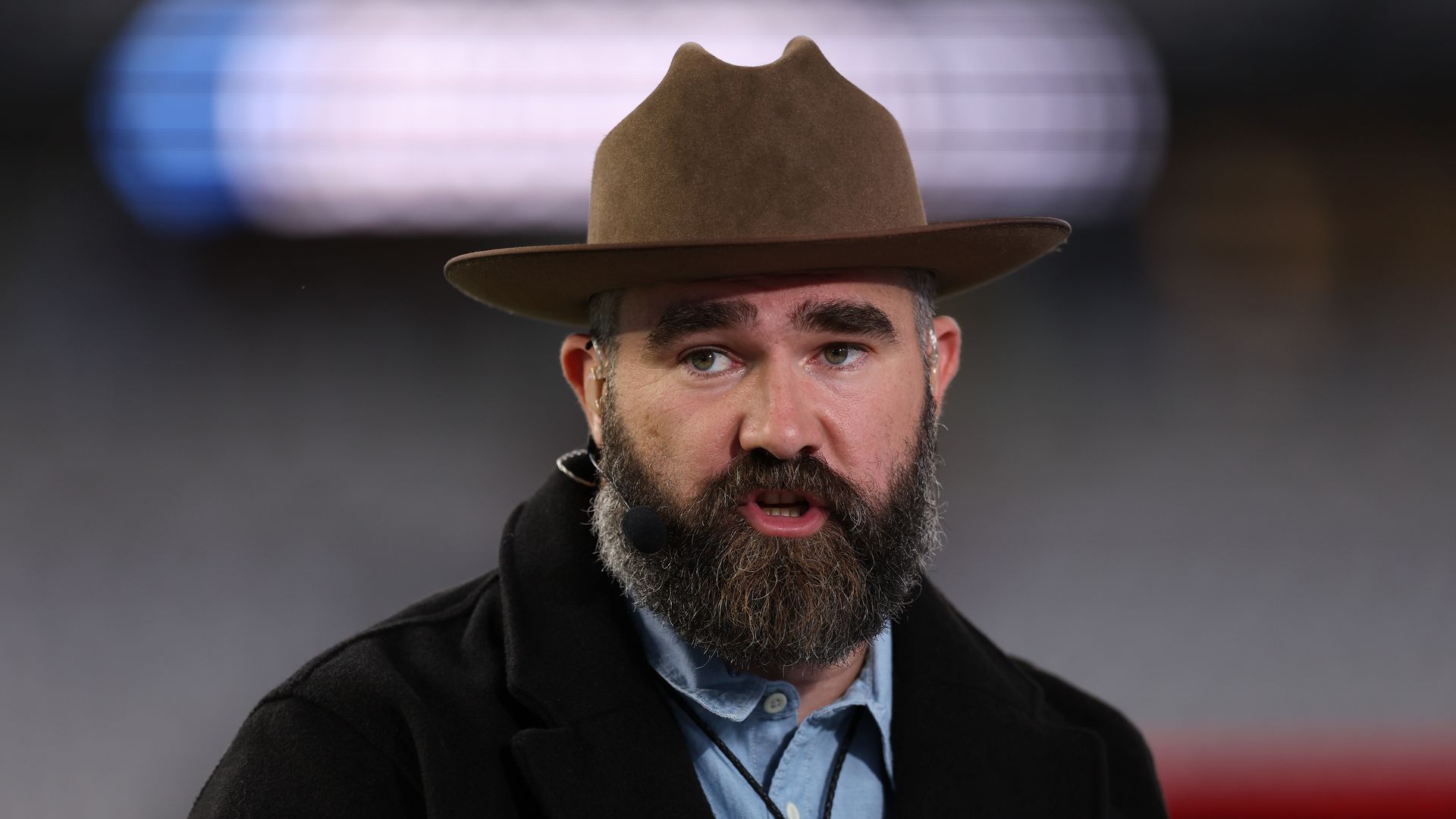 ESPN broadcaster Jason Kelce speaking before the Dallas Cowboys-Houston Texans game.