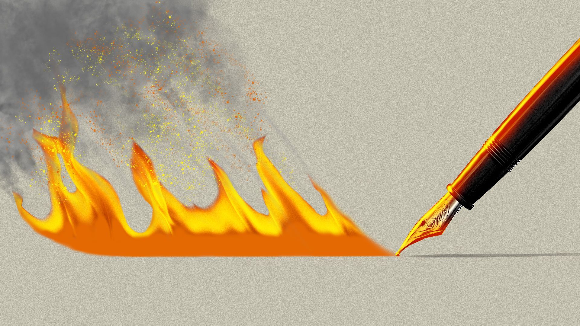 Illustration of a fountain pen with fire and smoke trailing behind it.