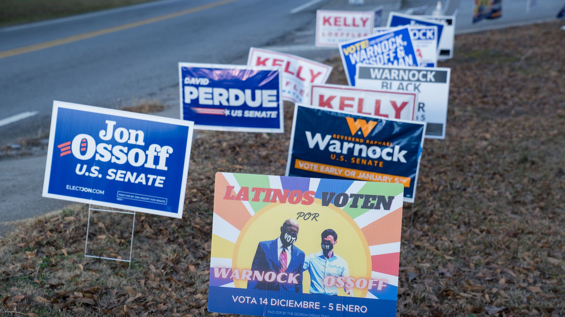 Candidate signs are seen lining a road in Gwinnett County, Ga., today before the state's pivotal U.S. Senate runoff elections.
