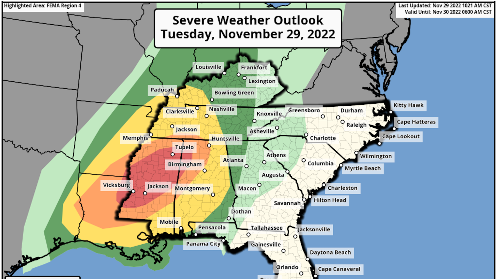 Map showing the area under threat for a severe weather outbreak. 