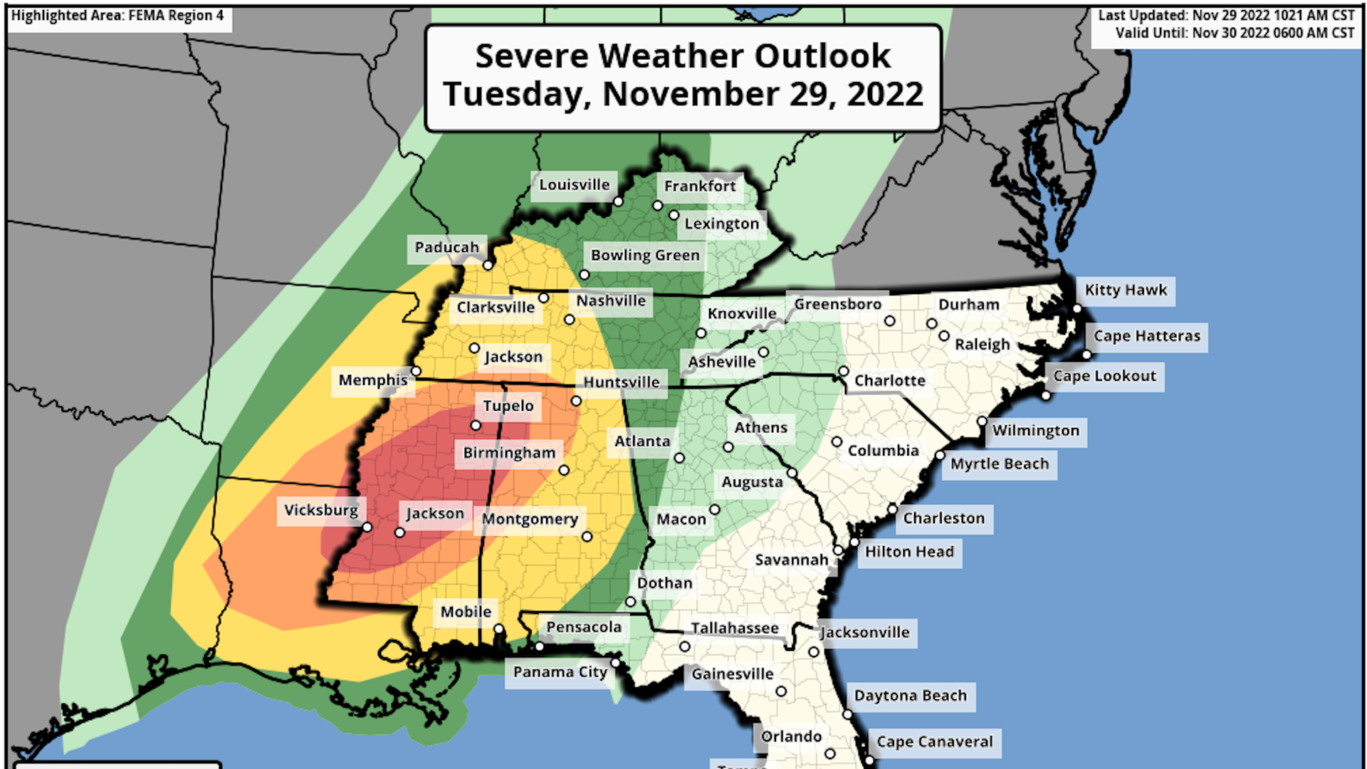 Map showing the area under threat for a severe weather outbreak.
