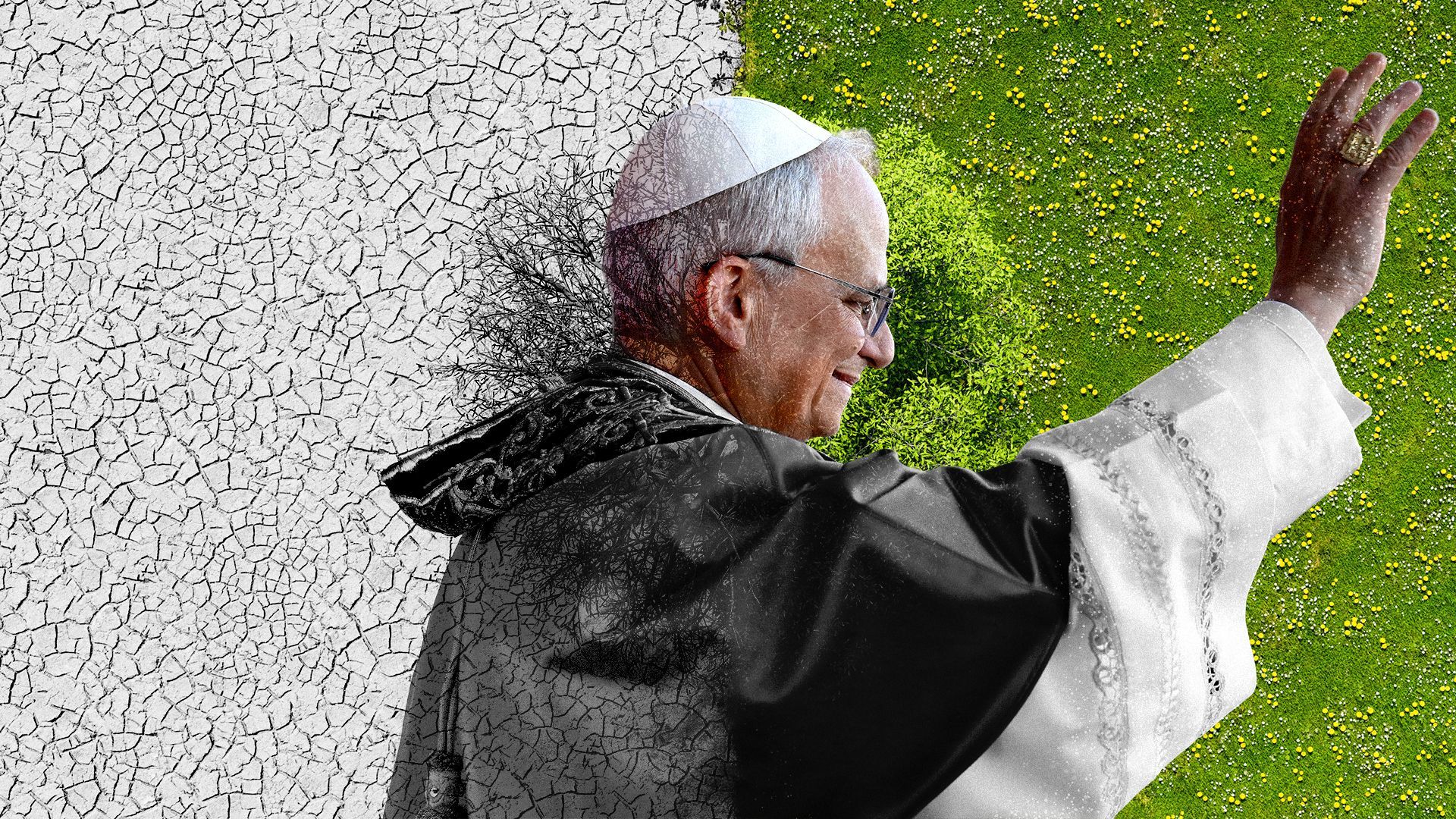 Photo illustration of Pope Leo XIV in front of a background of drought and greenery.