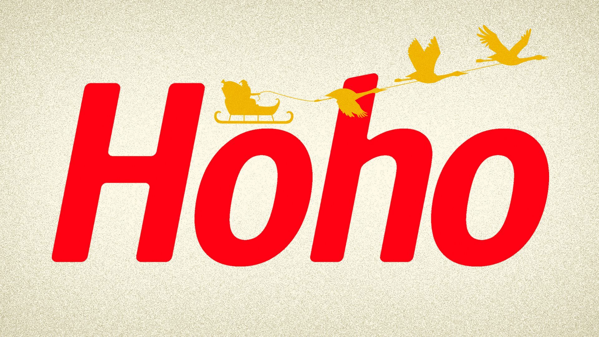 Illustration of the Wawa logo as "Hoho" and Santa's sleigh being pulled by geese. 