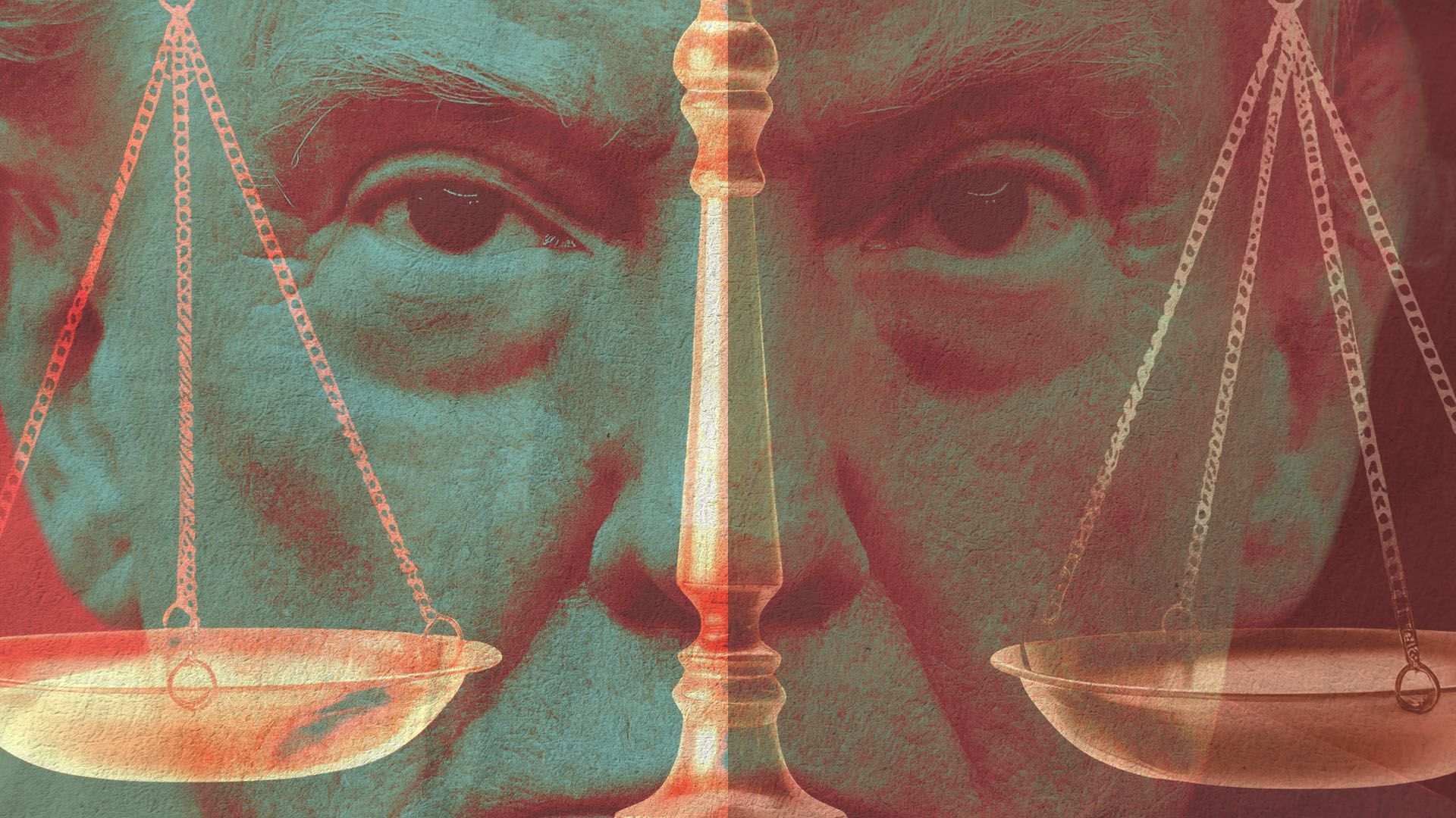 Photo illustration of President Donald Trump with his face framed by scales