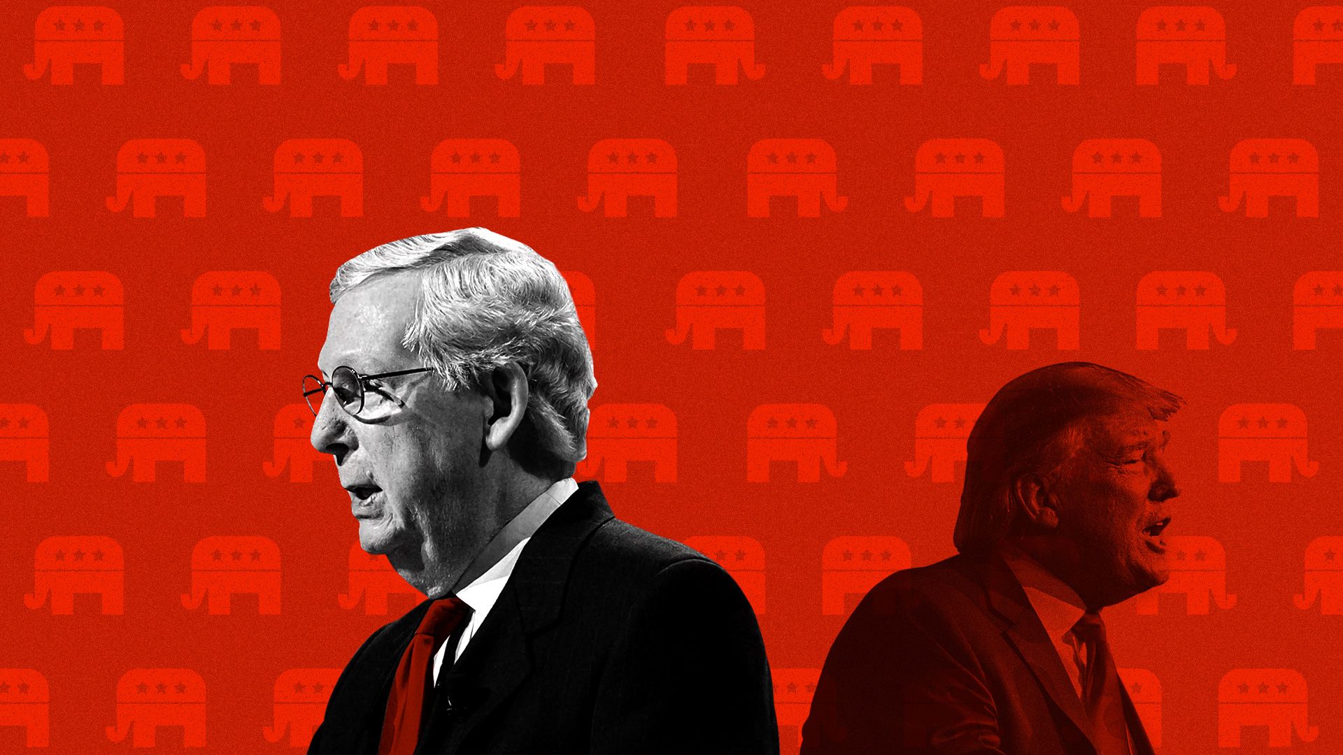Mitch McConnell standing with Donald Trump on a background of GOP elephant symbols