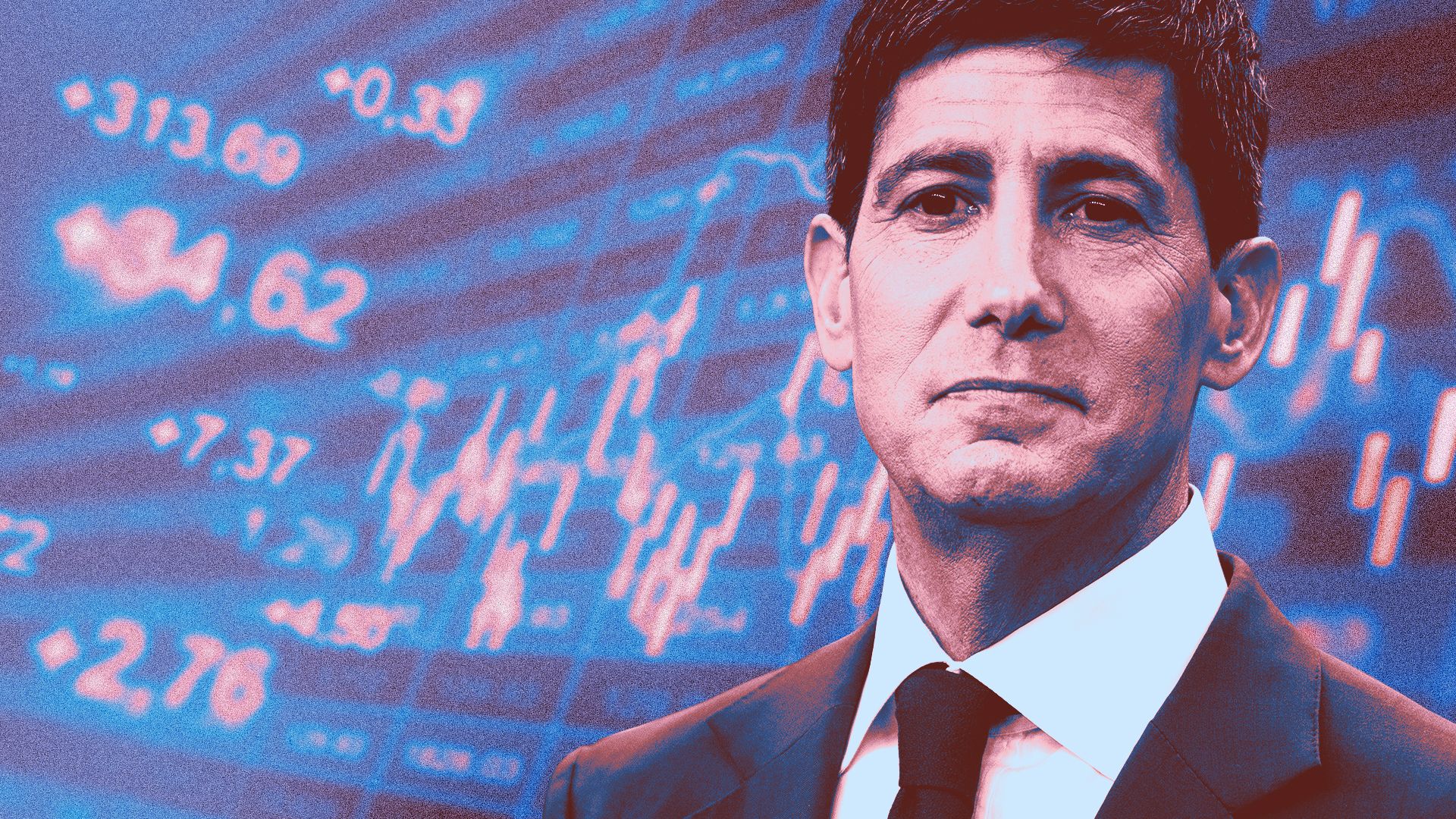 Photo illustration of Federal Reserve Chairman Kevin Warsh with numbers and stock market graphics in the background