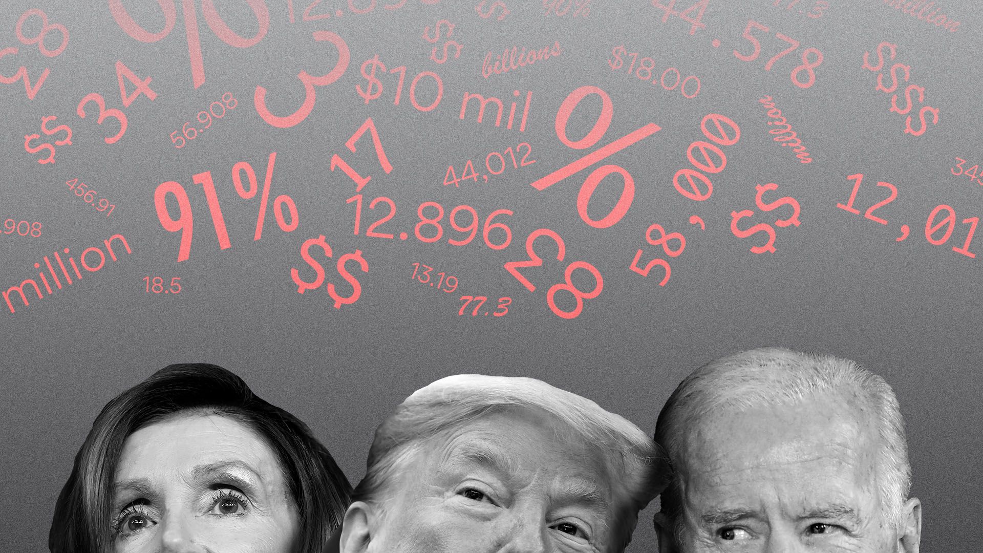 Photo illustration of Nancy Pelosi, Donald Trump, and Joe Biden, with numbers floating above their heads
