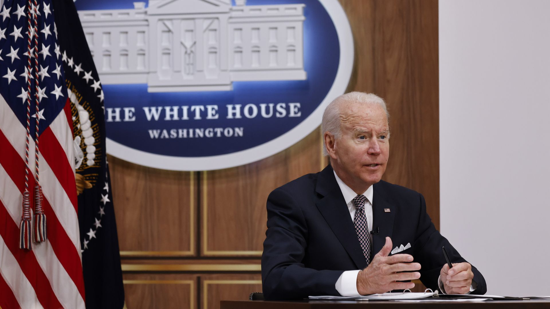President Biden speaking in the Eisenhower Executive Office Building in Washington, D.C., on June 17.