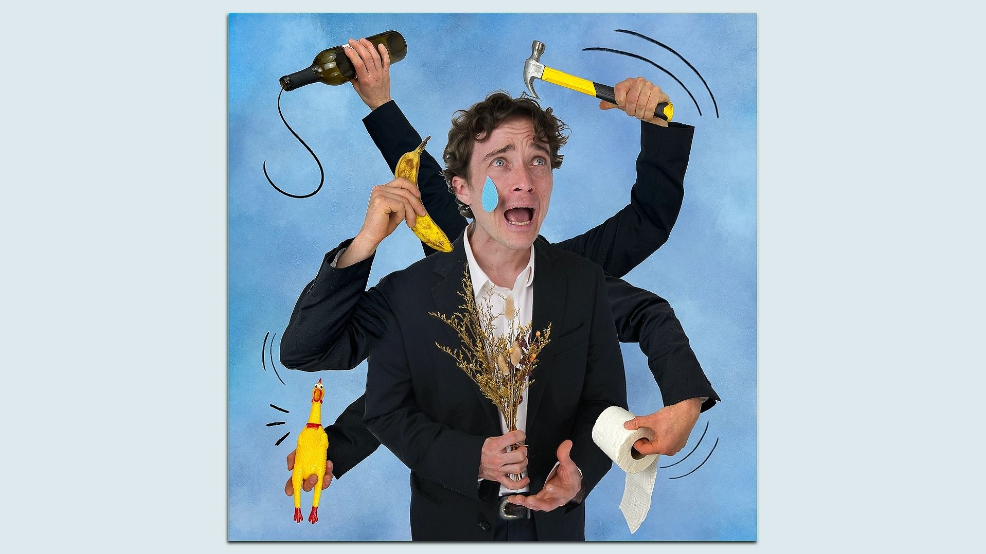 Man in a dark suit with a blue teardrop patch on his face, surrounded by extra arms holding a wine bottle, hammer, banana, toilet paper, rubber chicken, and dried flowers; blue sky background.