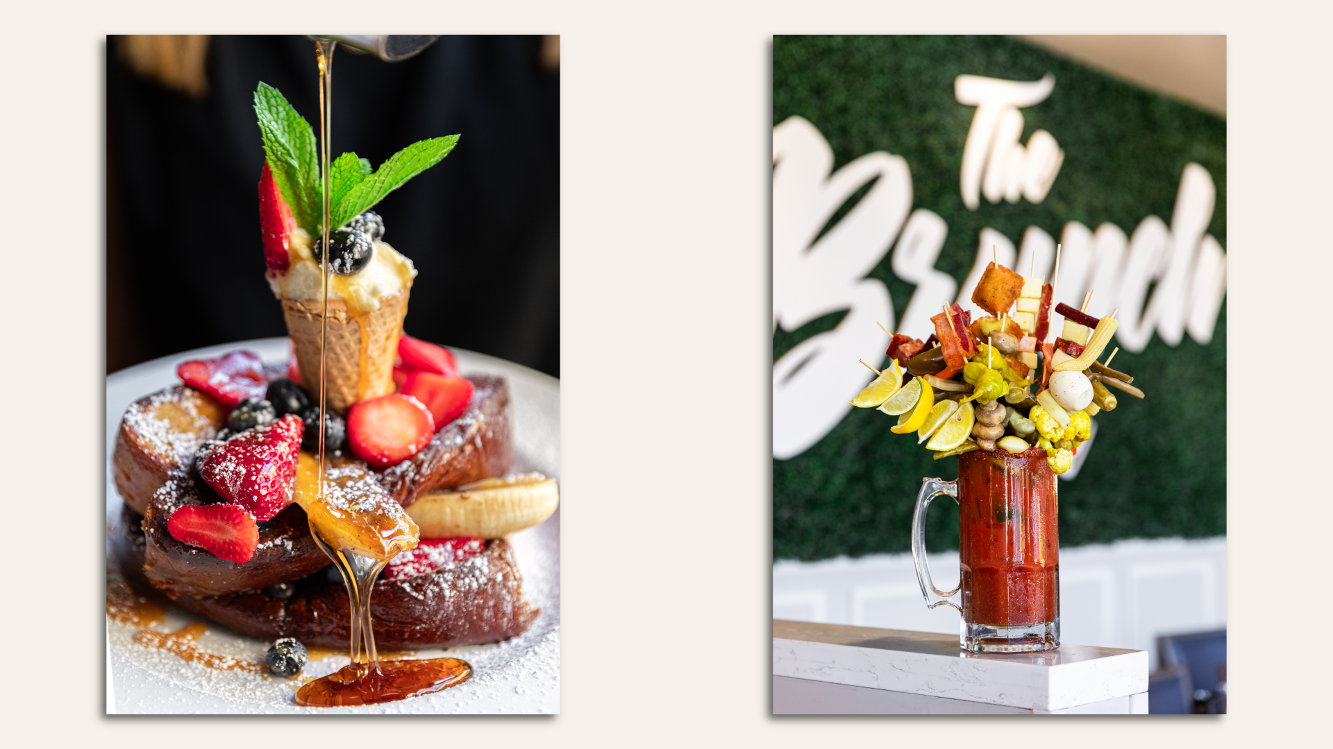 An image of a giant french toast topped with fruit and drizzled with syrup. Another image of a bloody mary with a plethora of toppings.