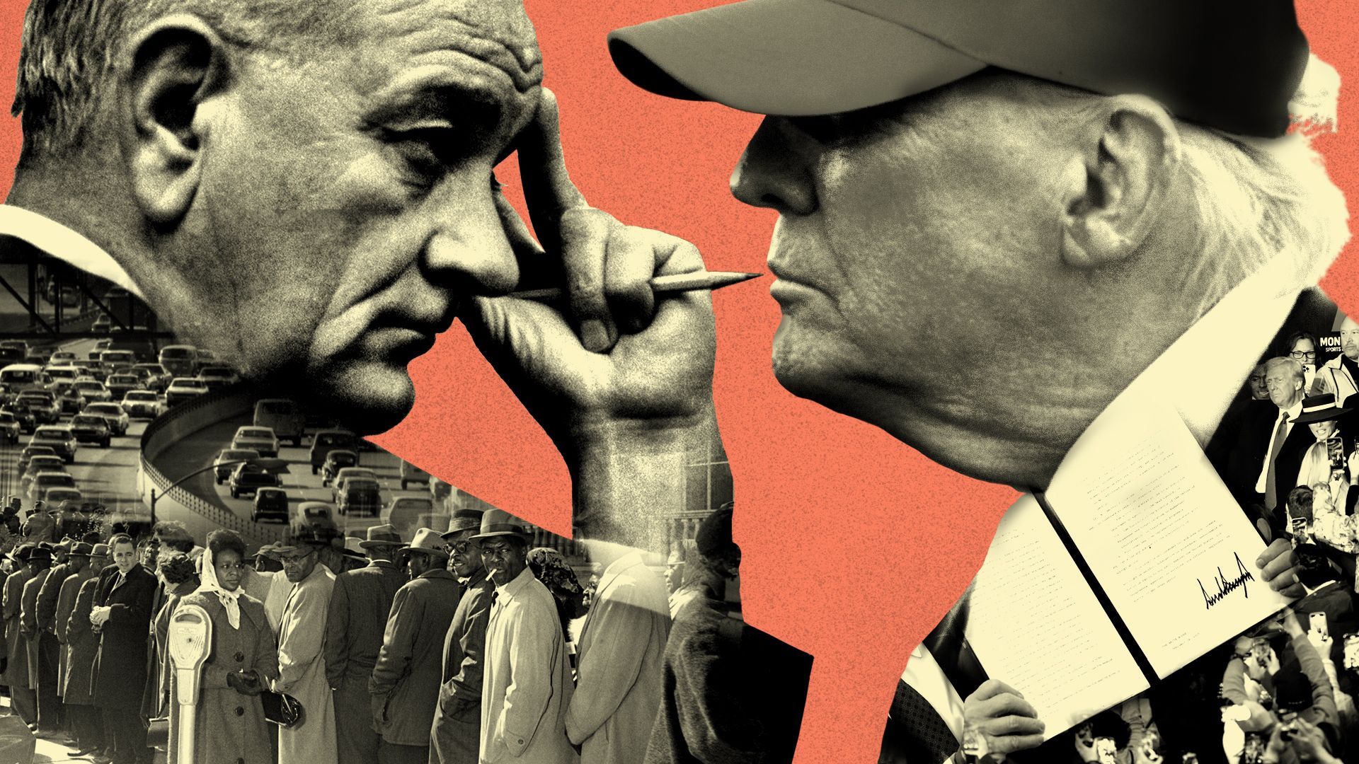 Photo illustration of U.S. President Lyndon Johnson with overlays of photos of rush hour traffic and African Americans in line to vote facing a photo of President Donald Trump with an overlay of an executive order and supporters