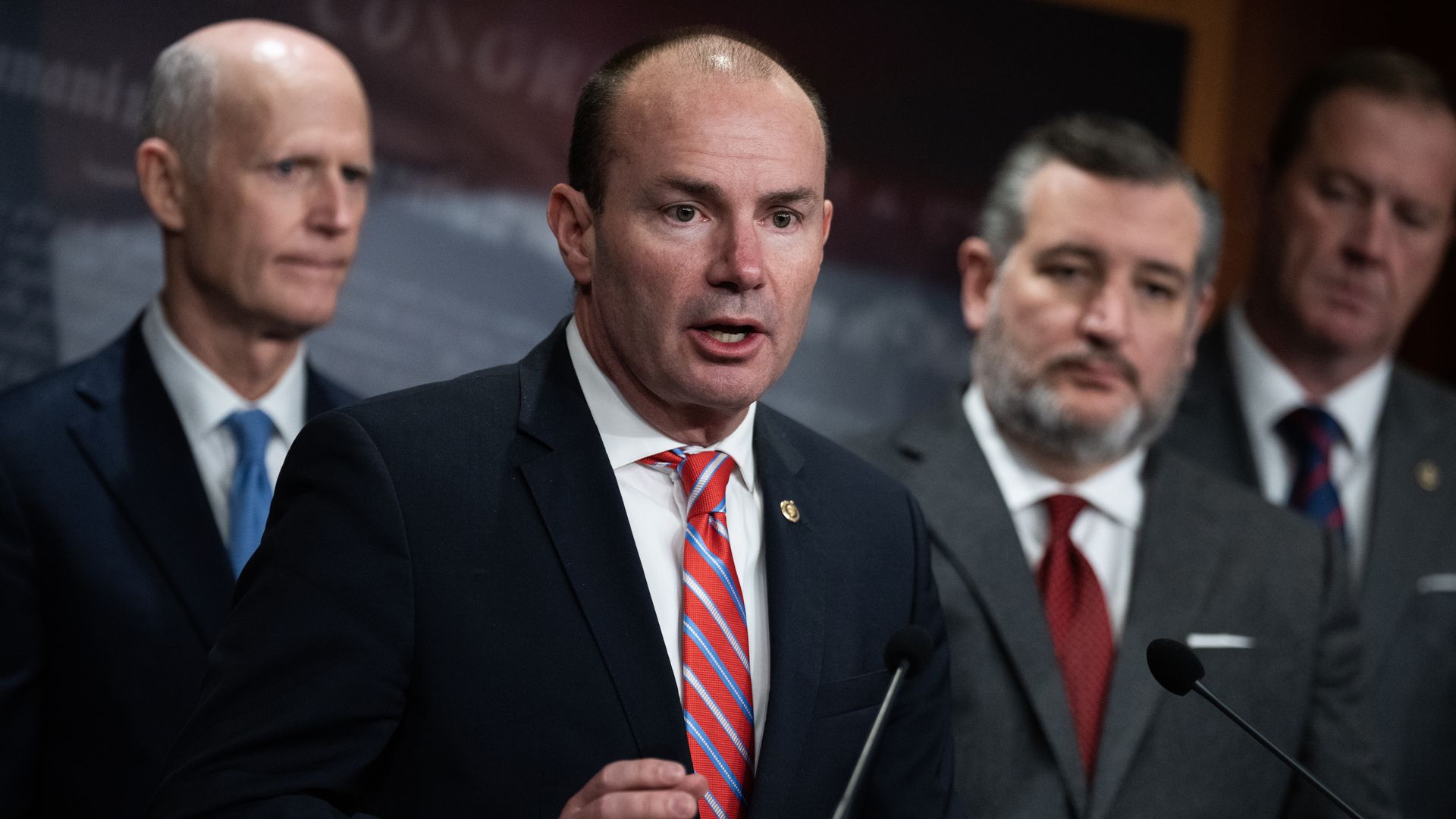 From left, Sens. Rick Scott, R-Fla., Mike Lee, R-Utah, Ted Cruz, R-Texas, Eric Schmitt, R-Mo., conduct a news conference in the U.S. Capitol on border security legislation