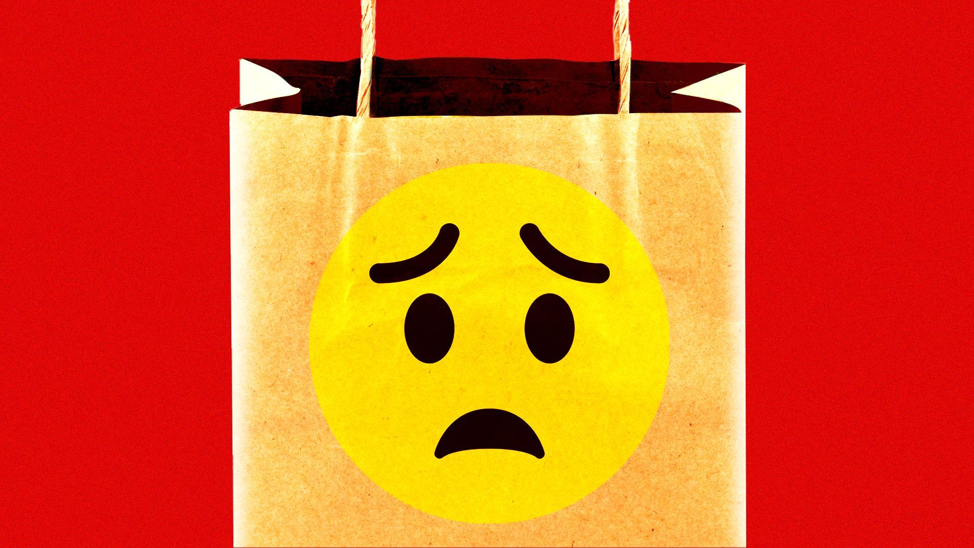 an illustration of a brown paper bag with a worried face printed on it