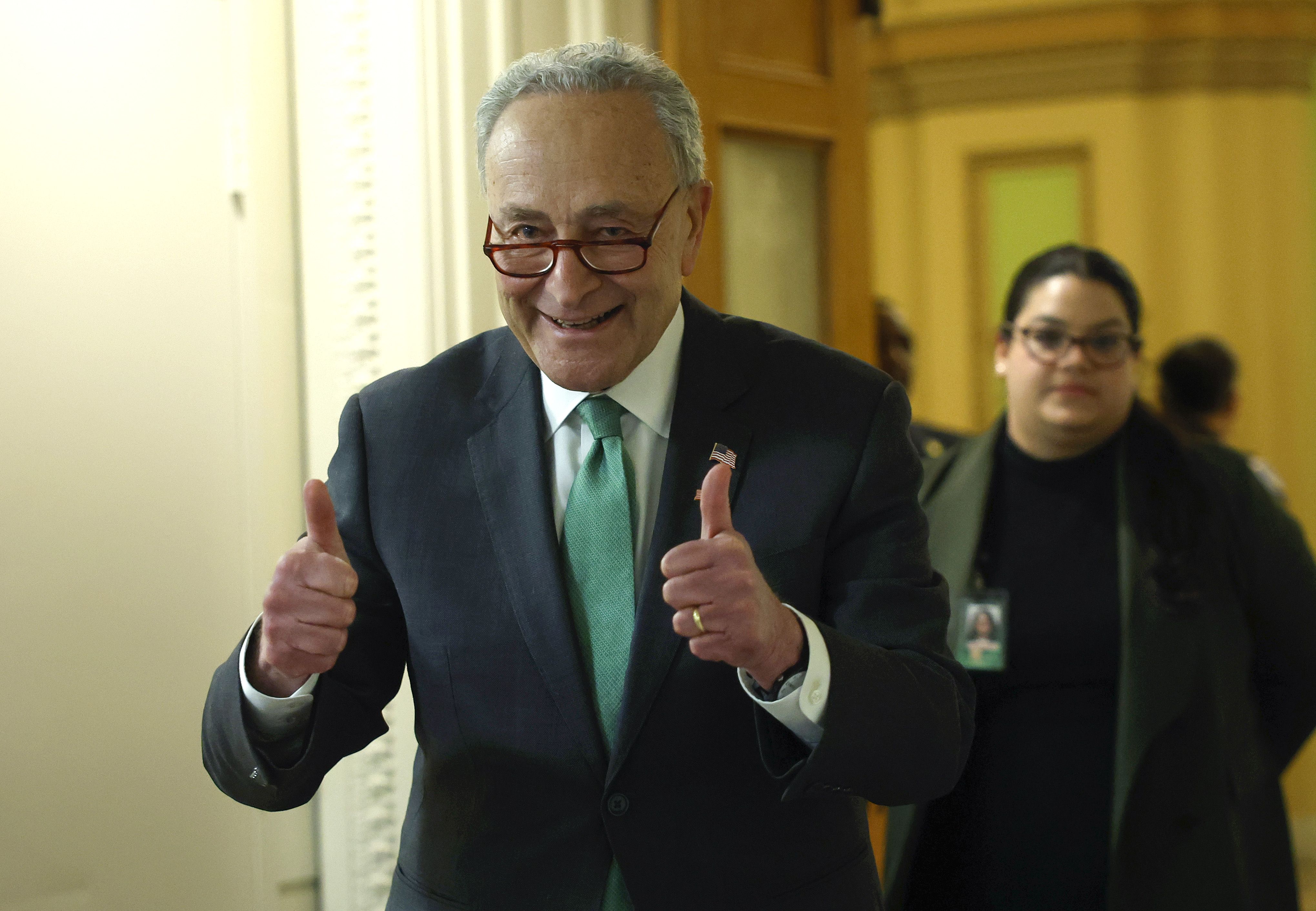 Senate Majority Leader Chuck Schumer arrives for a press conference after passage of aid for Ukraine and Israel