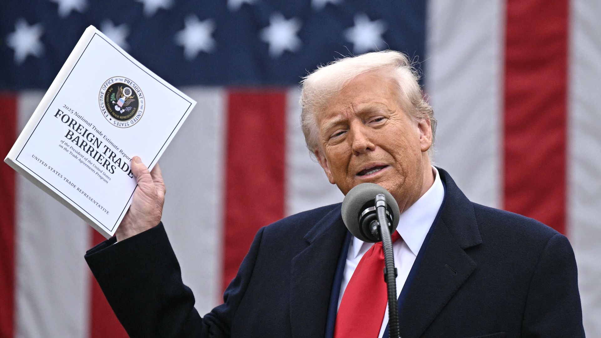 President Trump holds up a report titled "Foreign Trade Barriers"