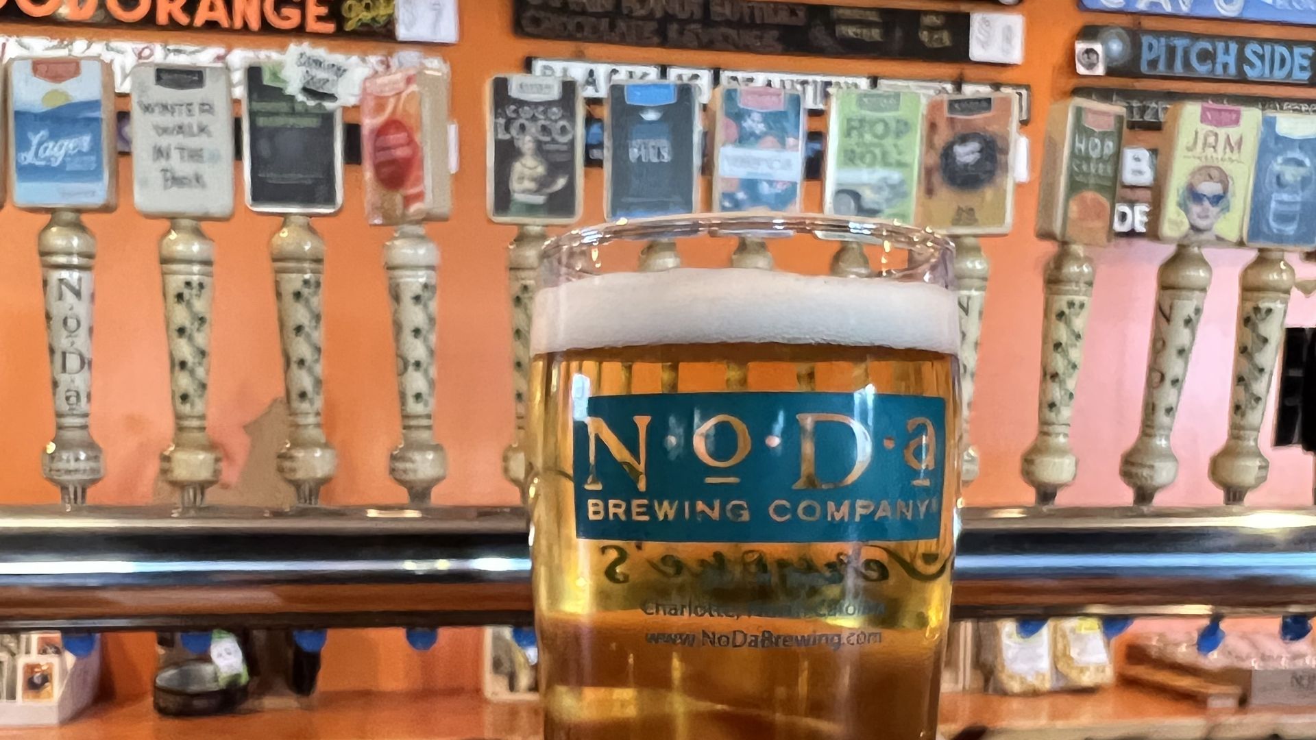 hand holding a beer glass that has NoDa brewing logo on it in front of a row of beer taps