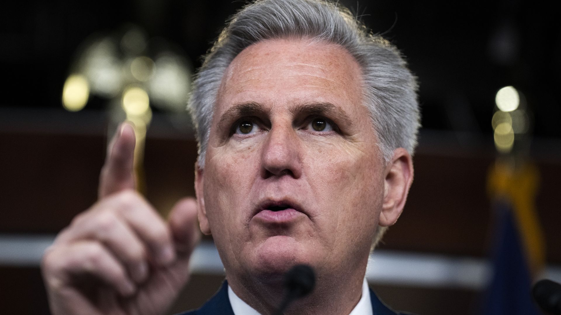 House Minority Leader Kevin McCarthy is seen pointing during a news conference.