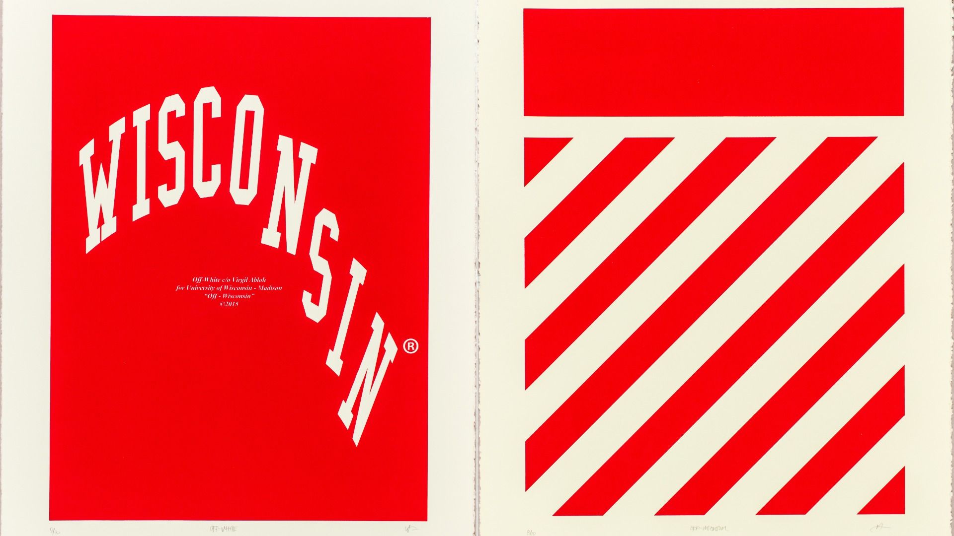 Two-panel red-and-white poster: left panel red with curved white letters spelling "WISCONSIN"; right panel white with a solid red top rectangle and diagonal red stripes across the lower area.