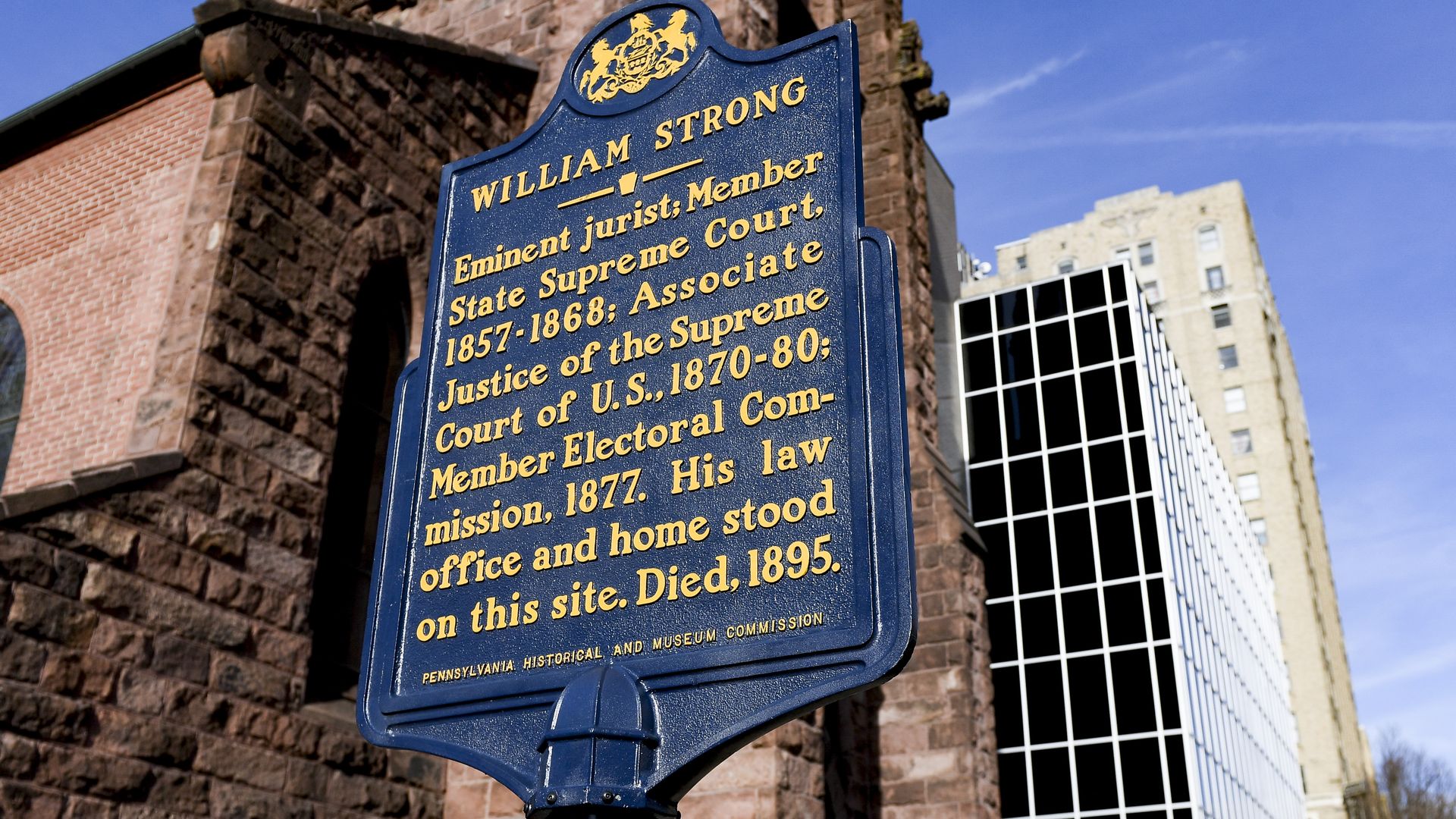This blue-and-gold marker honoring William Strong is among thousands honoring Pennsylvania's rich history.