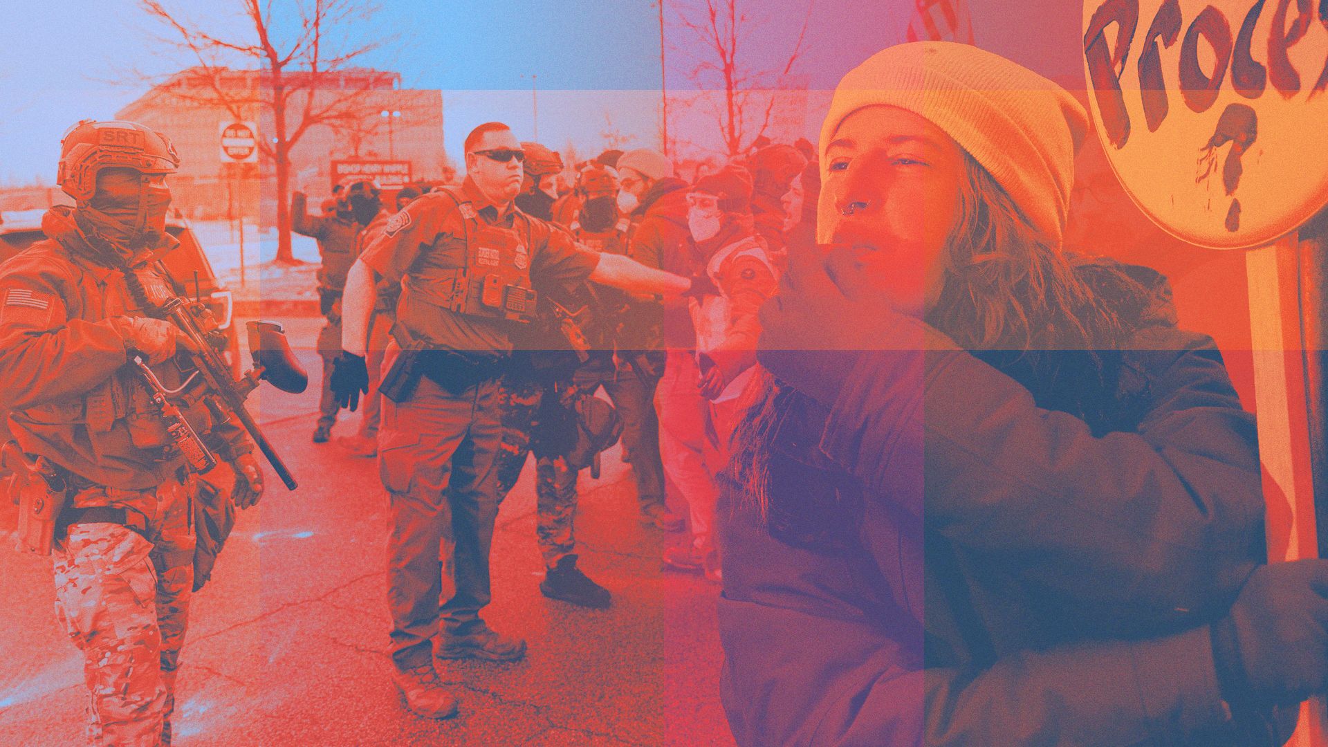Photo illustration of a protestor blowing a whistle collage with phots of ICE agents.