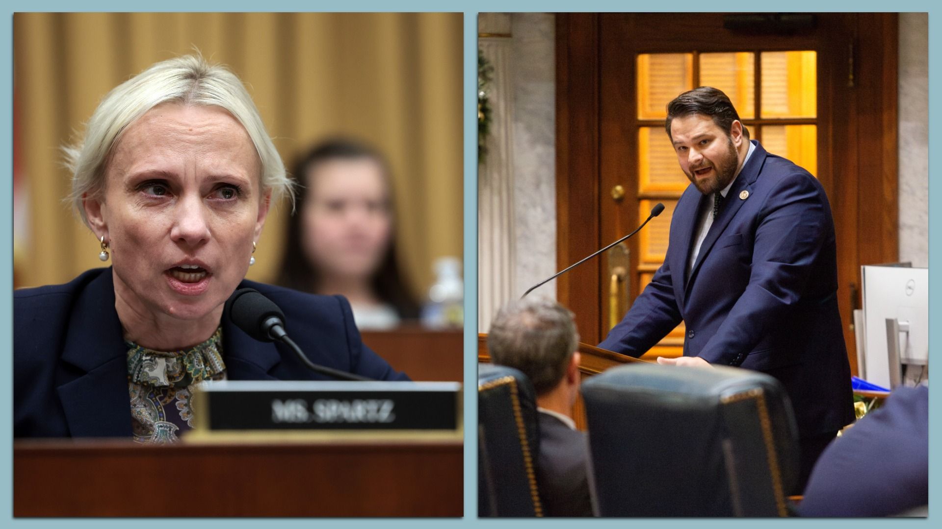 Split image: left shows a blonde woman speaking into a microphone at a formal hearing; right shows a man in a navy suit speaking at a podium in a wood-paneled room.